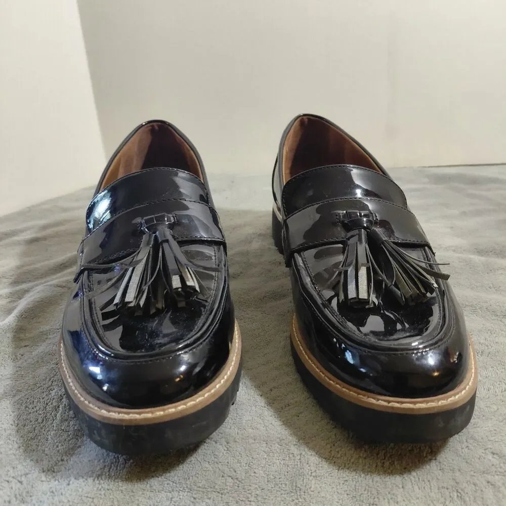 Franco Sarto Carolynn Tassel Loafers Womens 10M Patent Black Almond Toe Slip On